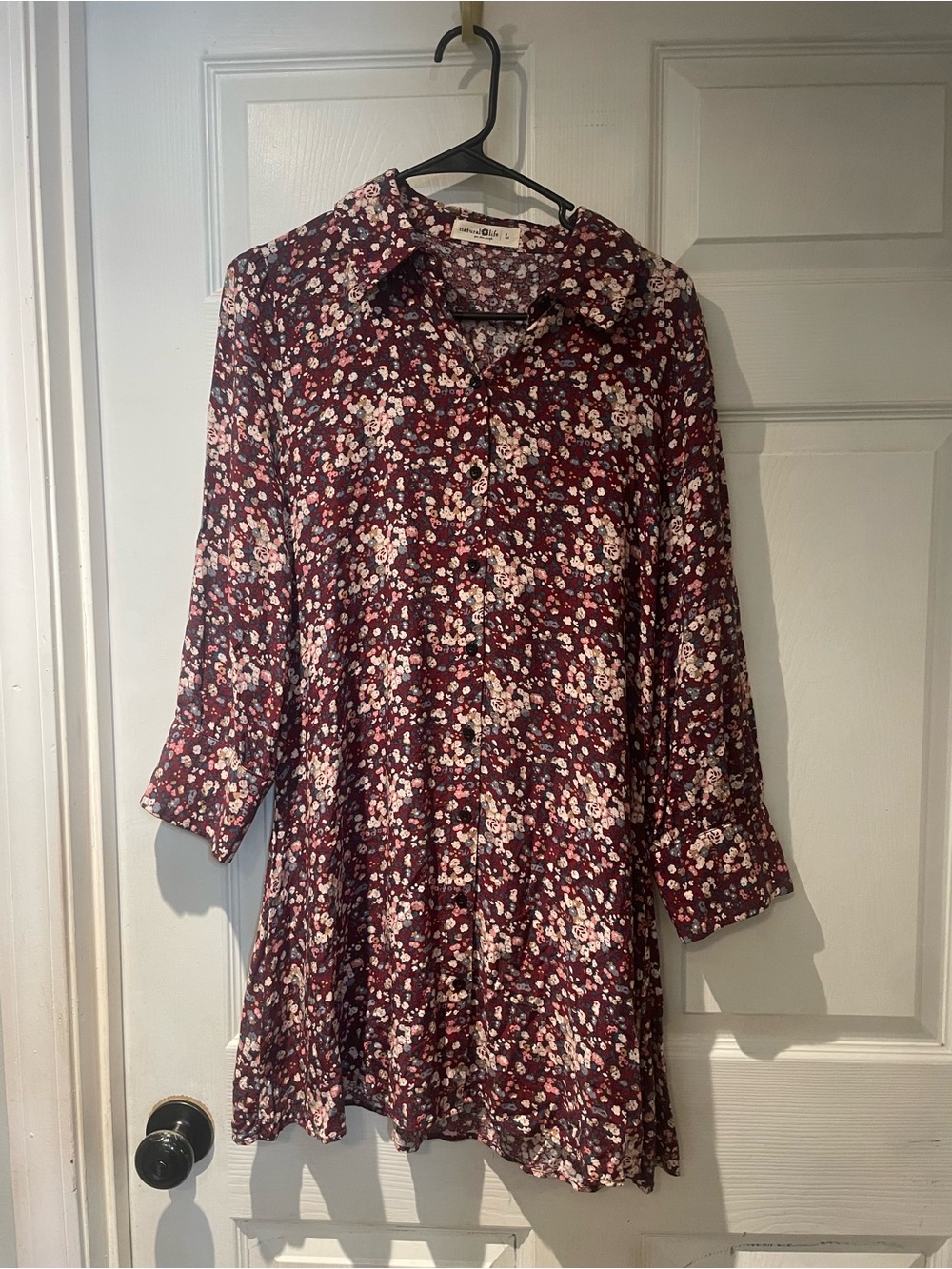 Natural Life Floral Flowy Button-Front Burgundy Tunic Dress Large
